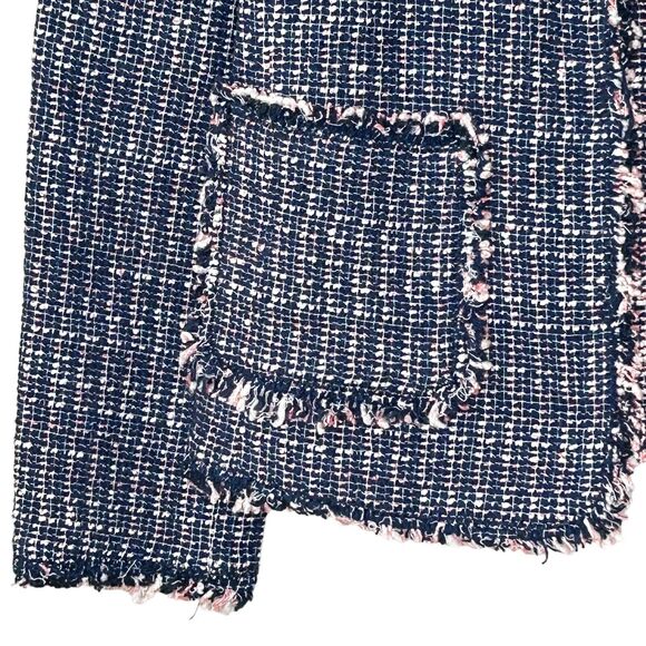 Rebecca Taylor Tweed Open Front Blazer Frayed Trim Navy w/ Pink & White Small - Picture 6 of 11